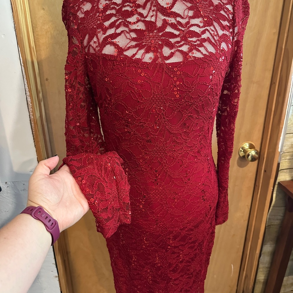 JS Collections Burgundy Lace Long Sleeve Dress